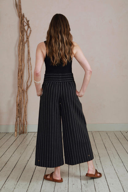 Wide Leg Trousers in Handwoven Organic Cotton - Black Stripe