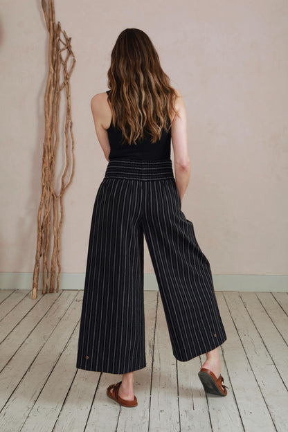 Wide Leg Trousers in Handwoven Organic Cotton - Black Stripe