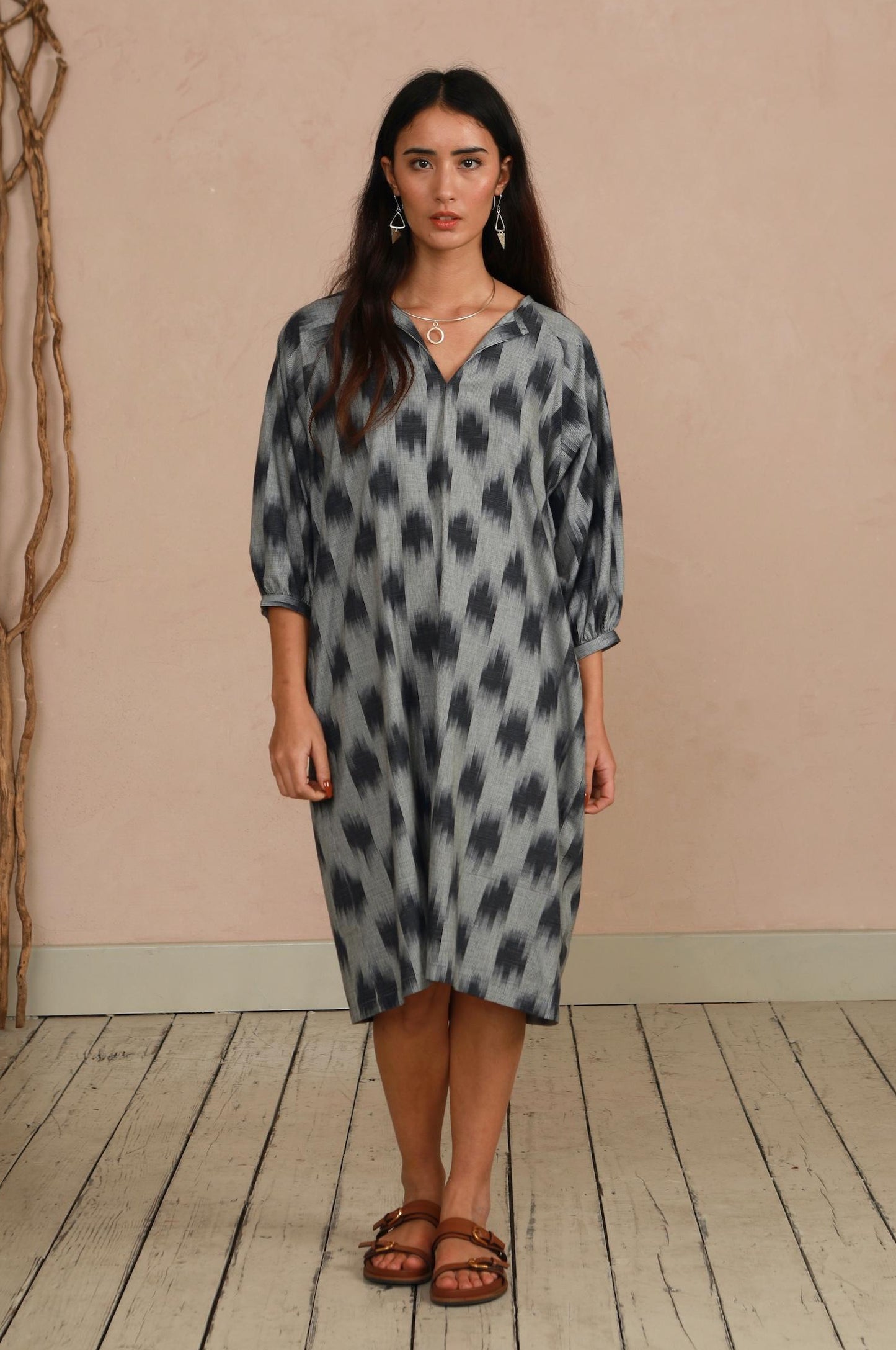 Tunic Dress - Grey Ikat Weave