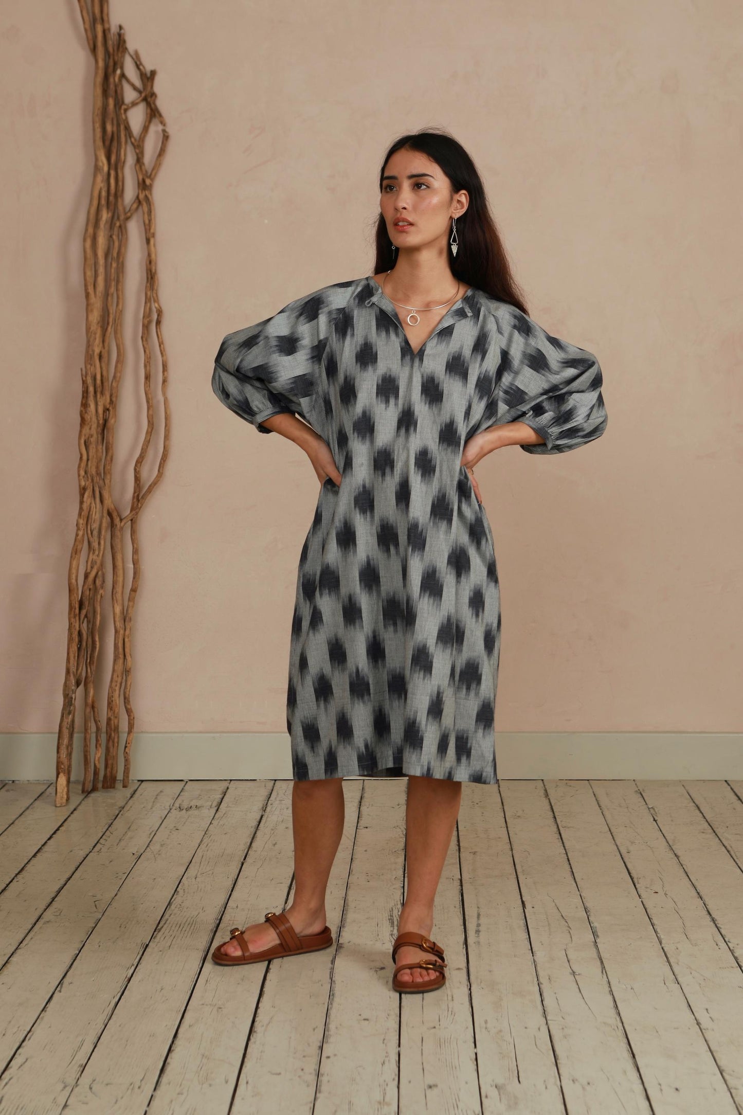 Tunic Dress - Grey Ikat Weave