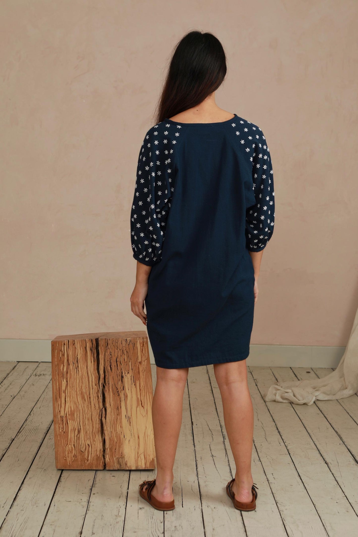Daisy Dress - Hand Embroidered - Navy