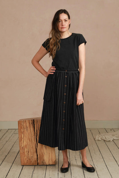 Ruth Skirt in Handwoven Organic Cotton - Black Stripe Stitch