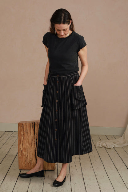 Ruth Skirt in Handwoven Organic Cotton - Black Stripe Stitch