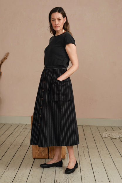 Ruth Skirt in Handwoven Organic Cotton - Black Stripe Stitch