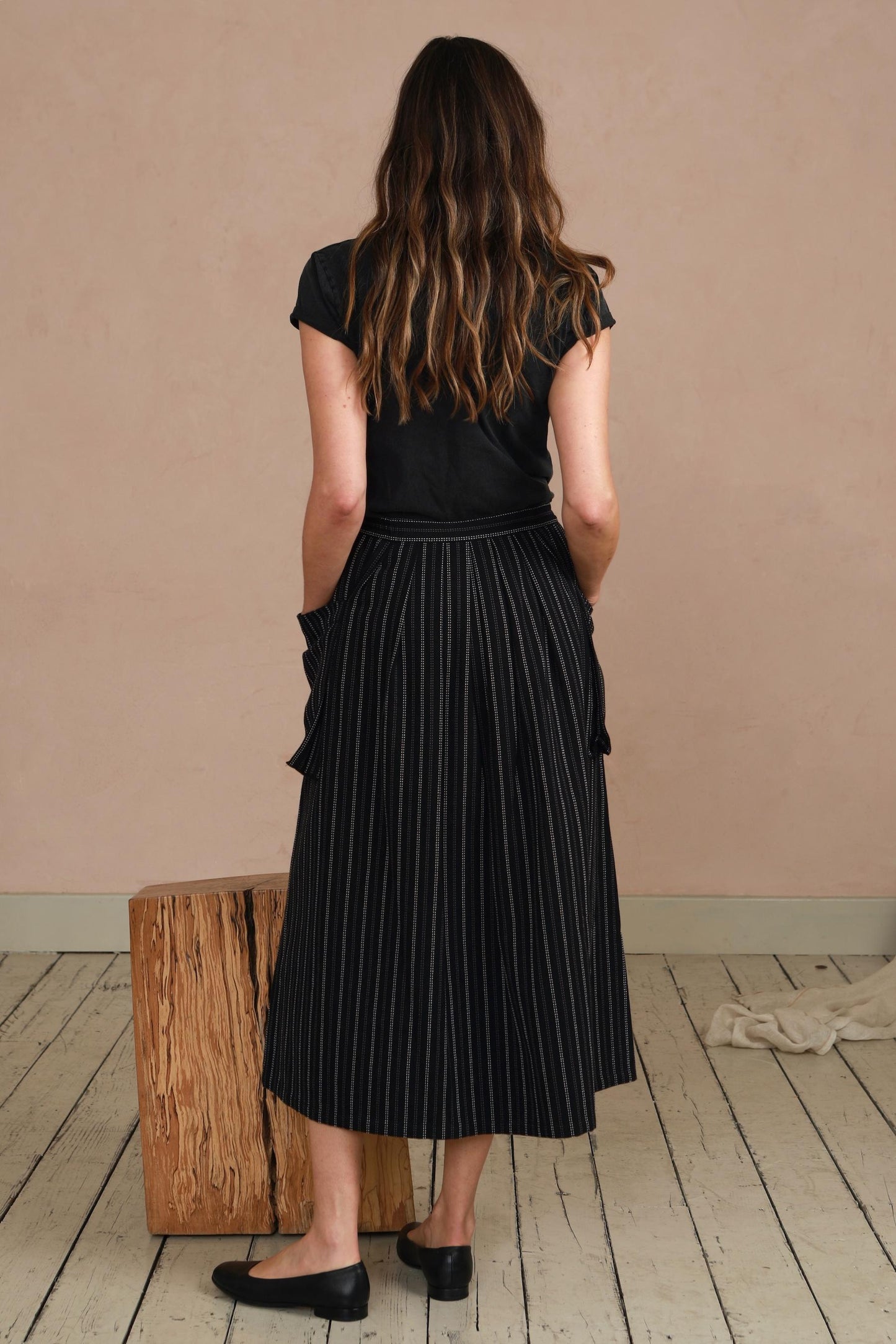Ruth Skirt in Handwoven Organic Cotton - Black Stripe Stitch