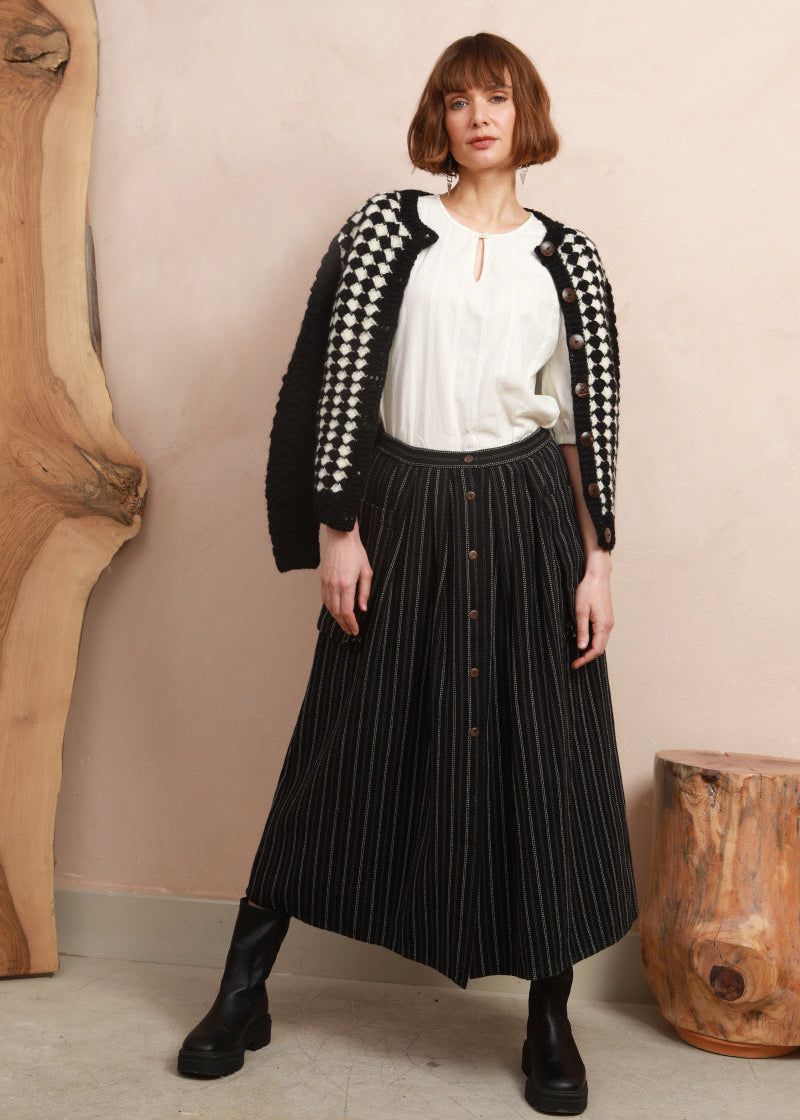 Ruth Skirt in Handwoven Organic Cotton - Black Stripe Stitch