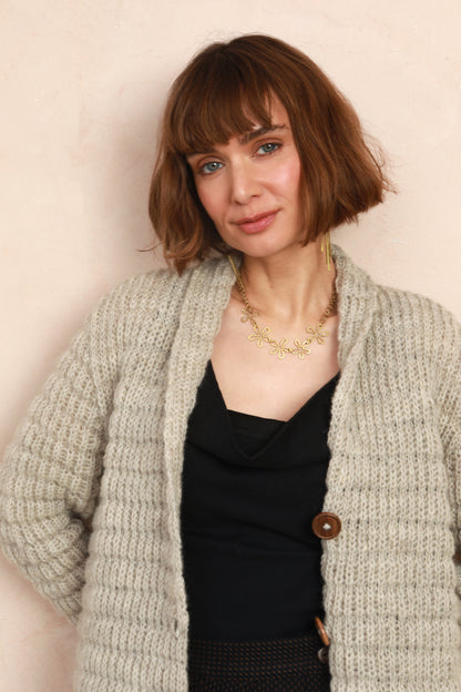Waffle Long Cardigan - Natural Light Grey - Hand-Knit in 100% Sheep Wool