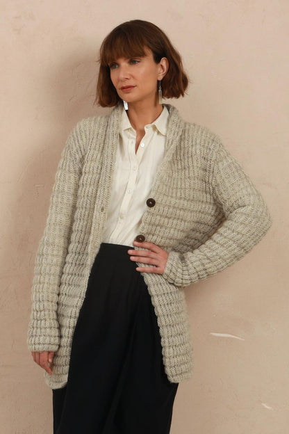 Waffle Long Cardigan - Natural Light Grey - Hand-Knit in 100% Sheep Wool