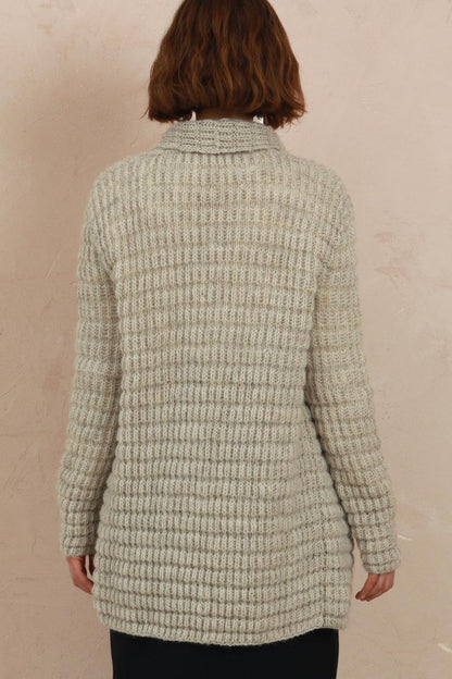 Waffle Long Cardigan - Natural Light Grey - Hand-Knit in 100% Sheep Wool