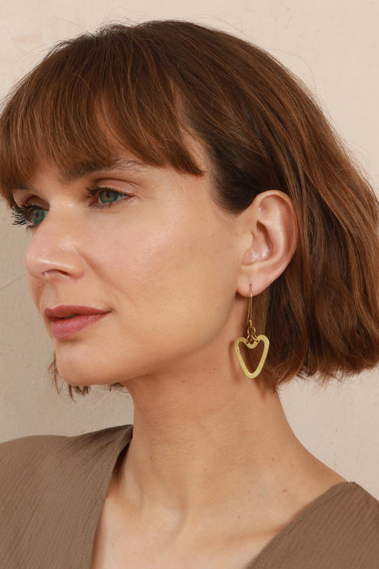 Heart Earrings - Textured Brass - Handmade
