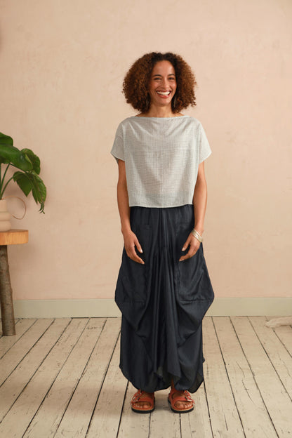 Boat Neck Top - Cream & Grey Check (Shorter Length)