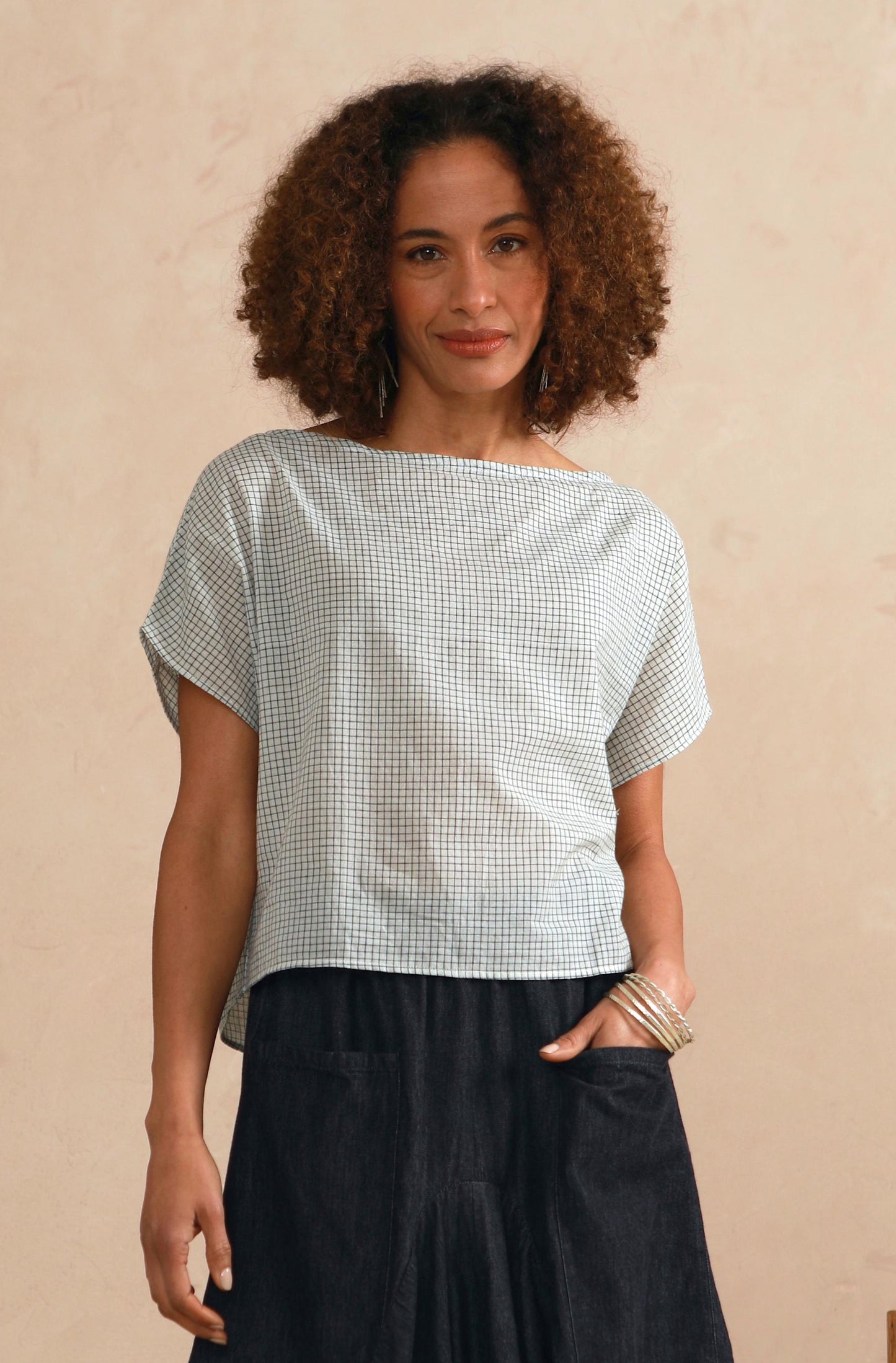 Boat Neck Top - Cream & Grey Check (Shorter Length)