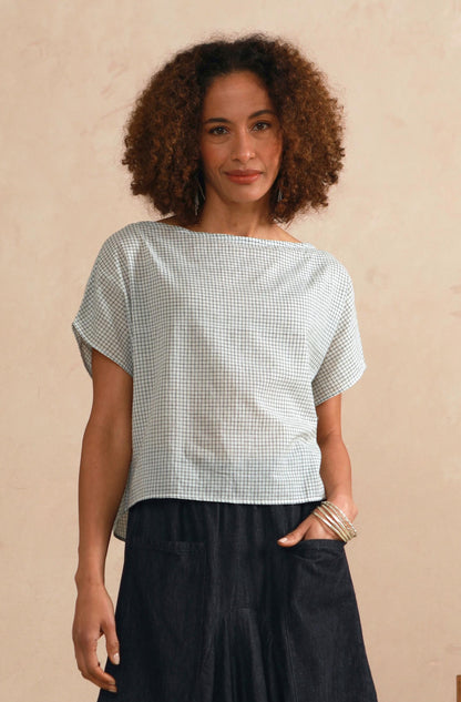 Boat Neck Top - Cream & Grey Check (Shorter Length)