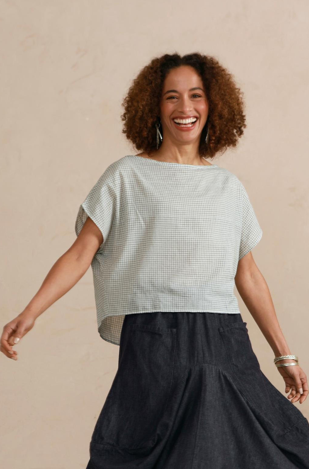 Boat Neck Top - Cream & Grey Check (Shorter Length)