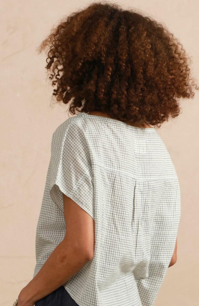 Boat Neck Top - Cream & Grey Check (Shorter Length)