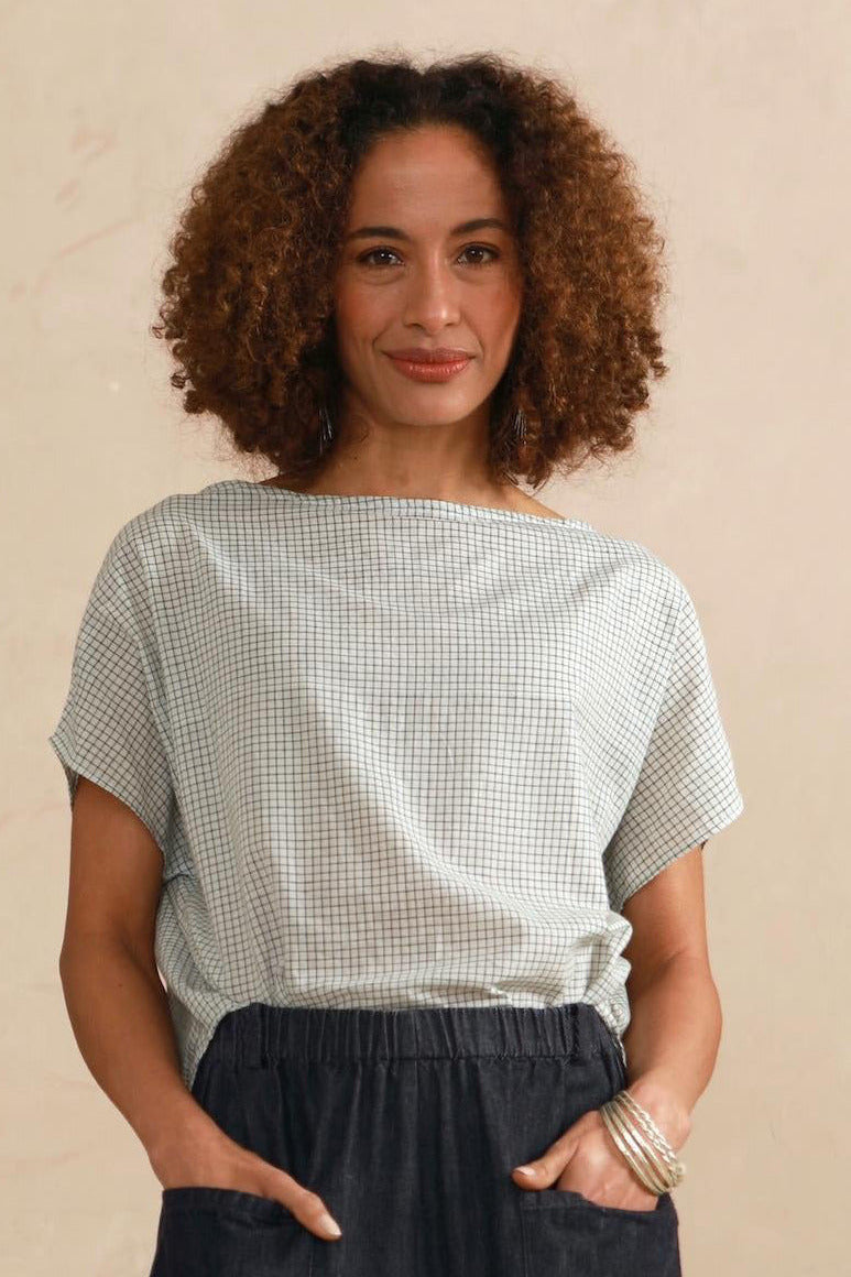 Boat Neck Top - Cream & Grey Check (Shorter Length)
