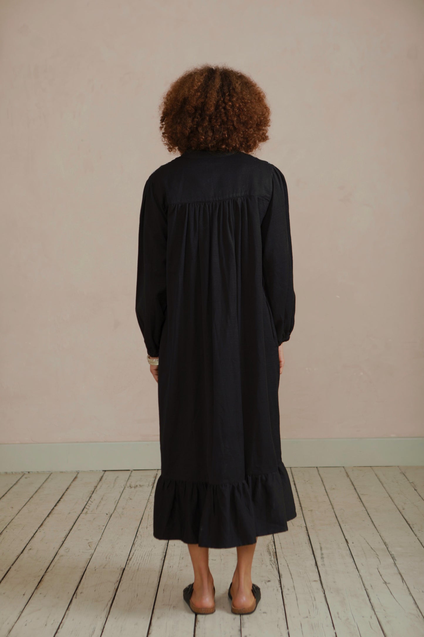 Yuka Yoke Frill Dress with Hand Embroidery - Black