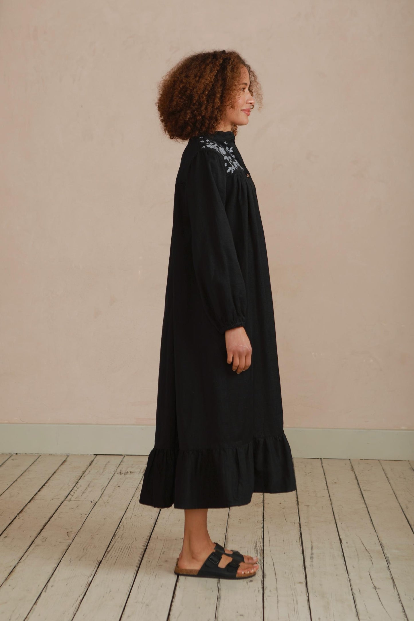 Yuka Yoke Frill Dress with Hand Embroidery - Black