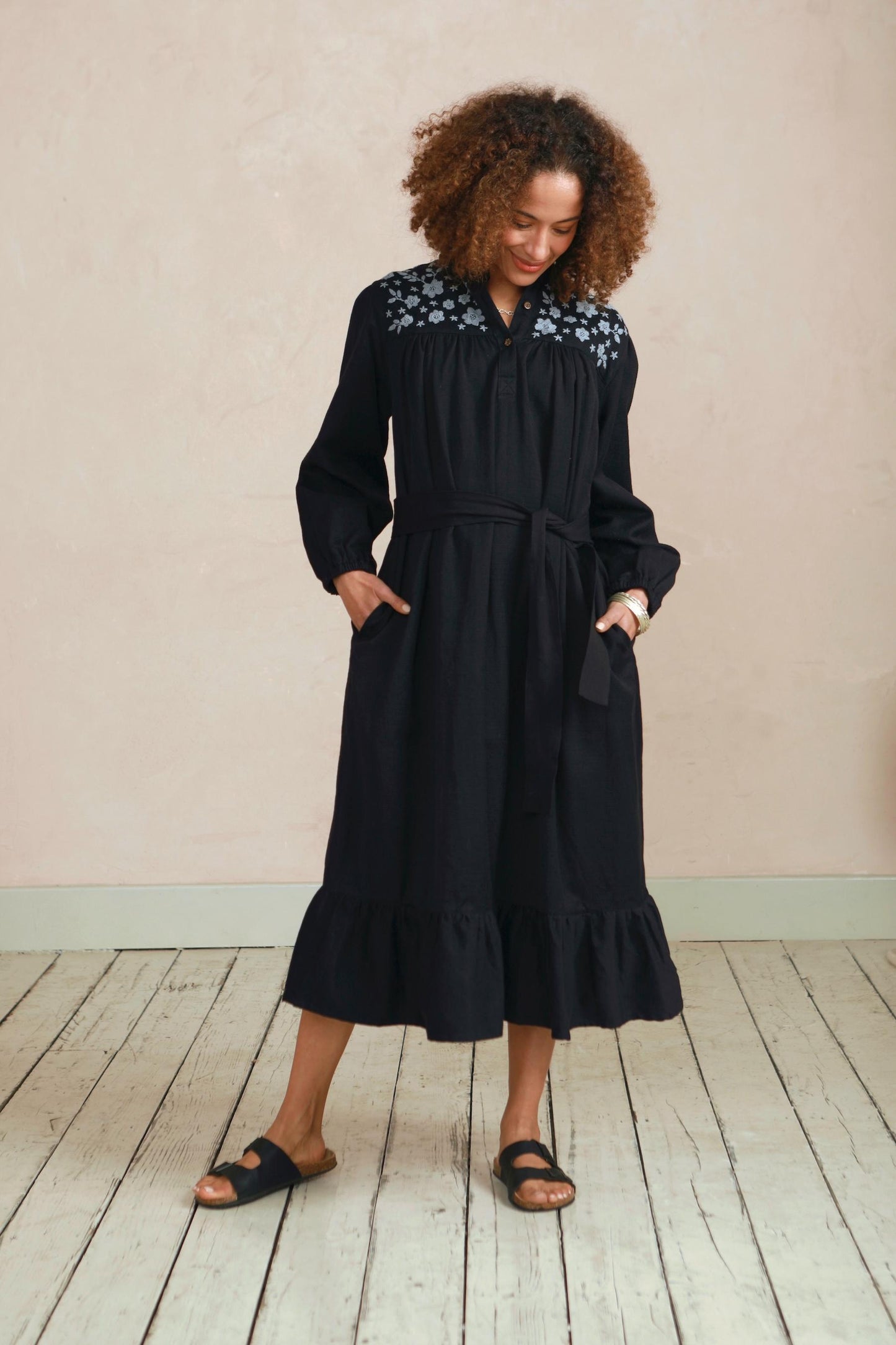 Yuka Yoke Frill Dress with Hand Embroidery - Black