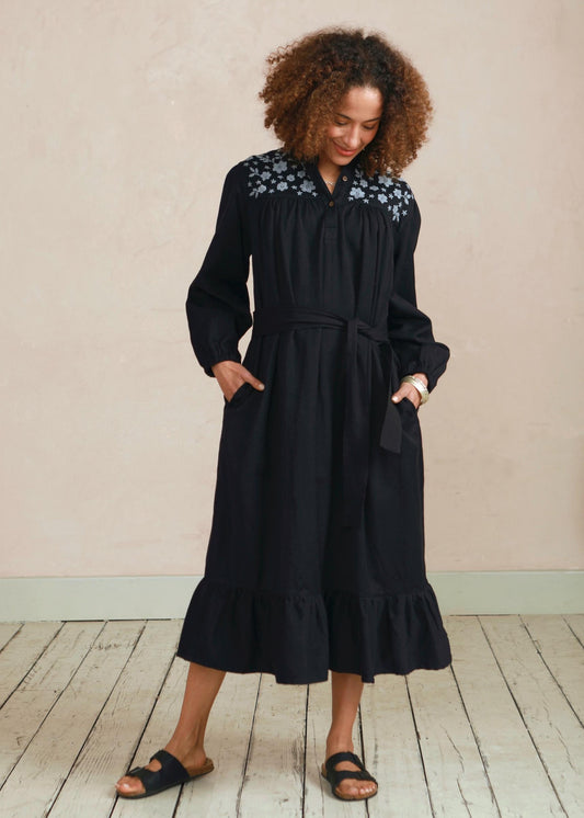 Yuka Yoke Frill Dress with Hand Embroidery - Black