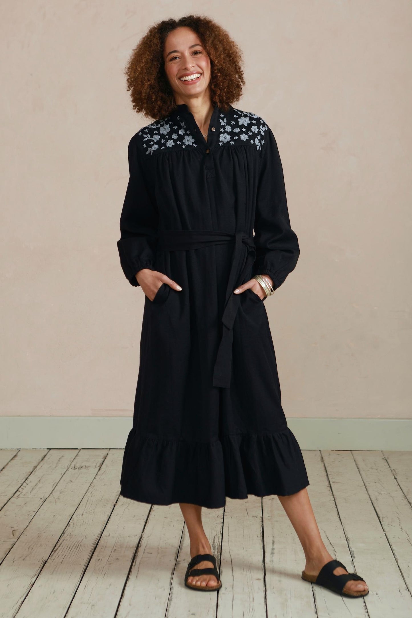 Yuka Yoke Frill Dress with Hand Embroidery - Black