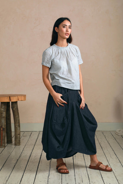 Shayla Top - Reversible Frill-Neck - Cream & Grey Check