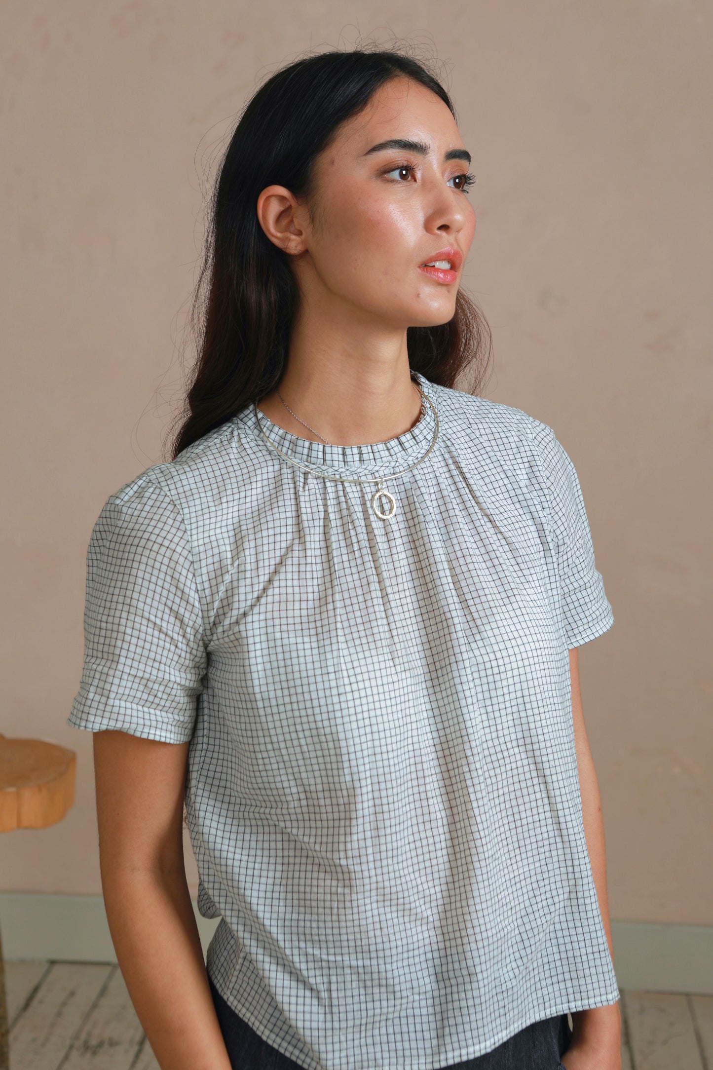 Shayla Top - Reversible Frill-Neck - Cream & Grey Check