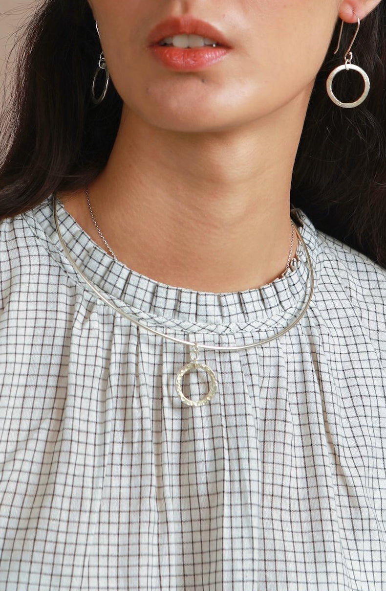 Shayla Top - Reversible Frill-Neck - Cream & Grey Check