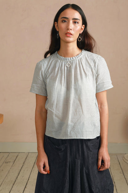 Shayla Top - Reversible Frill-Neck - Cream & Grey Check