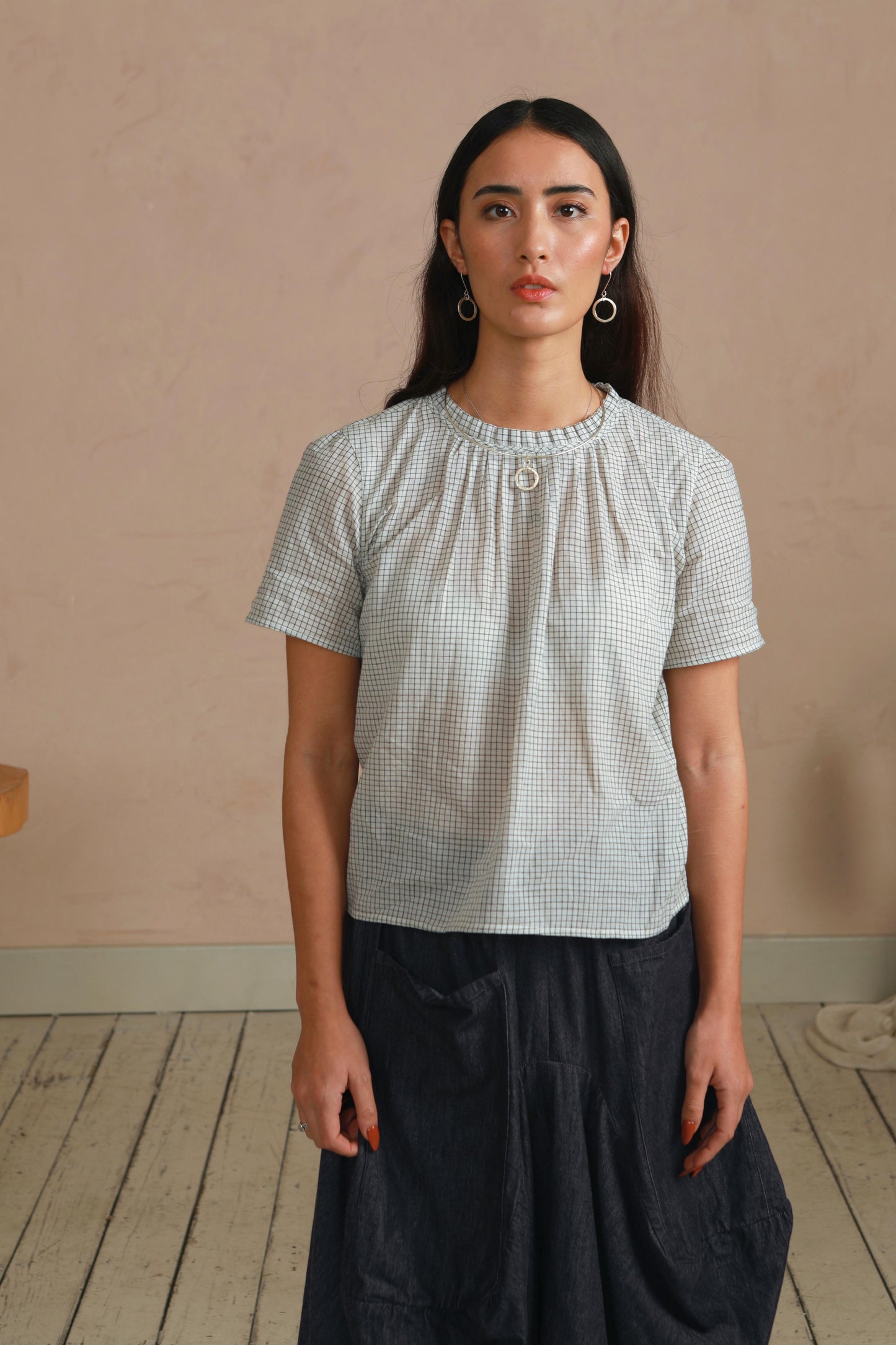 Shayla Top - Reversible Frill-Neck - Cream & Grey Check