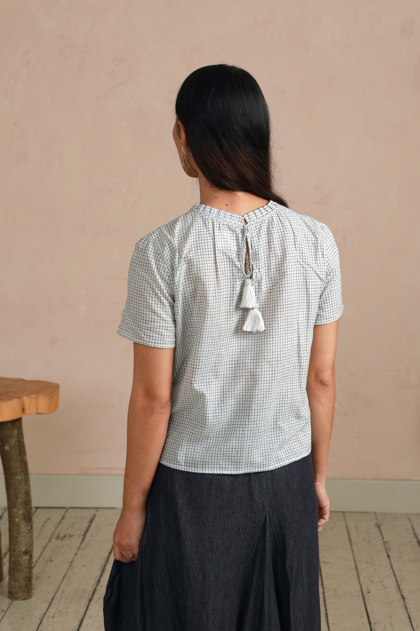 Shayla Top - Reversible Frill-Neck - Cream & Grey Check