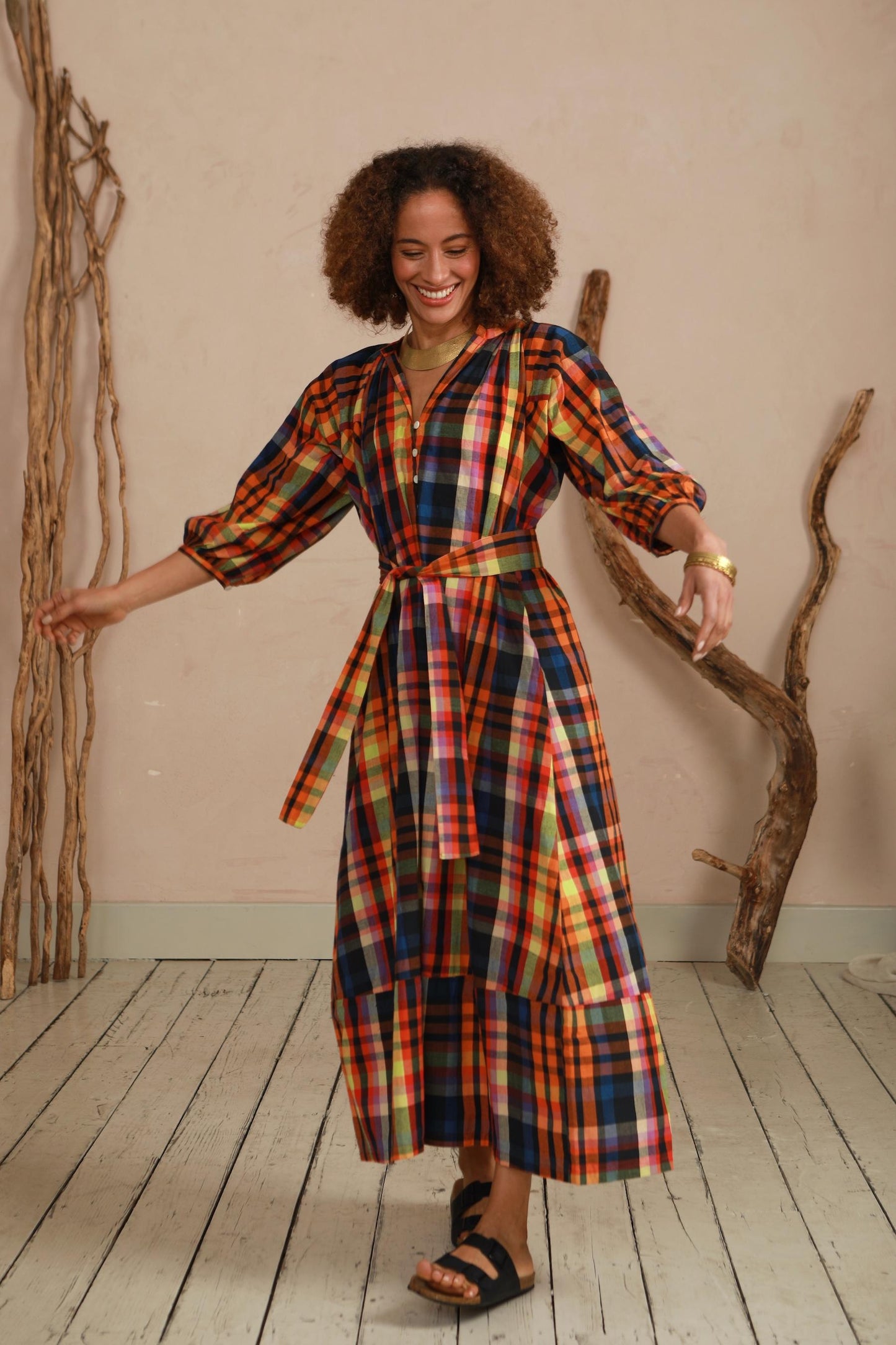 Safari Dress - Multi Check with tie belt