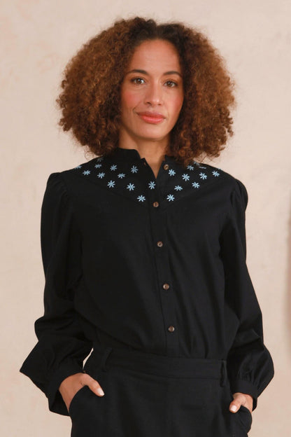 Beth Flower Blouse- Hand Embroidered - Black Twill