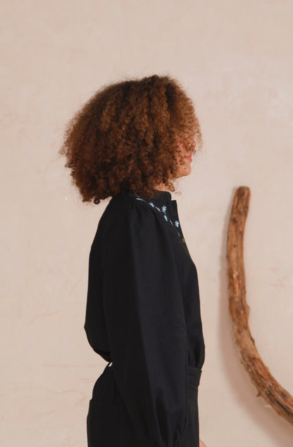 Beth Flower Blouse- Hand Embroidered - Black Twill