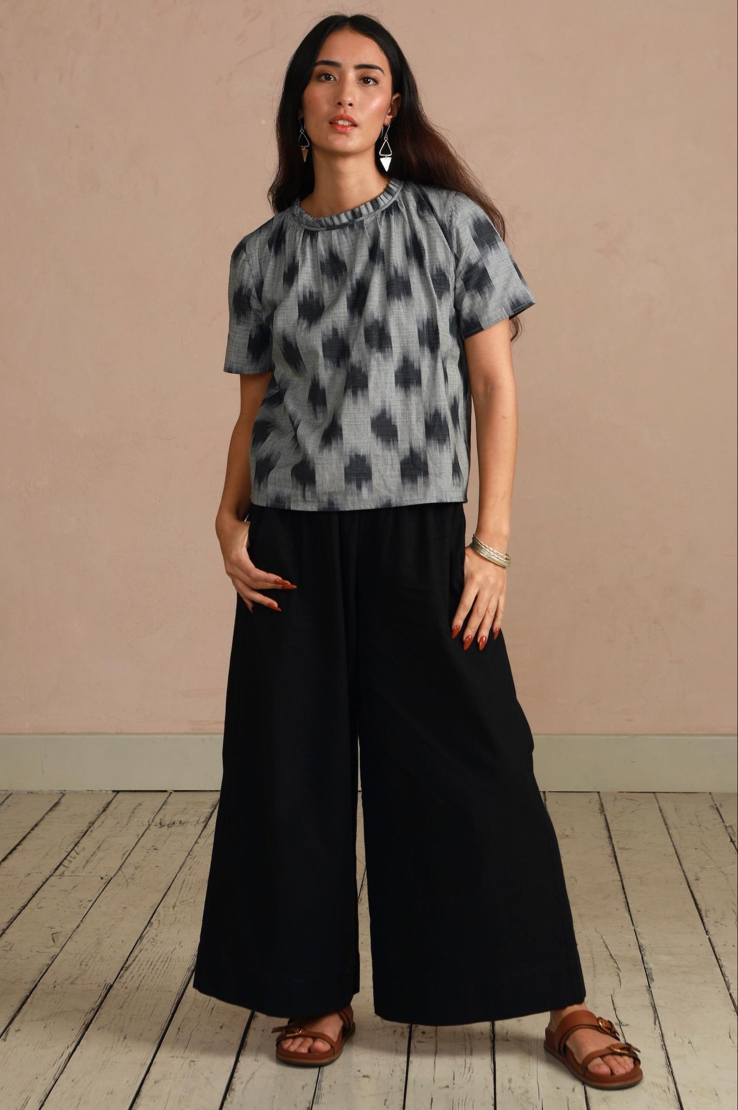 Shayla Top - Reversible Frill-Neck - Grey Ikat Hand Weave