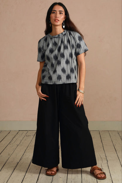 Shayla Top - Reversible Frill-Neck - Grey Ikat Hand Weave