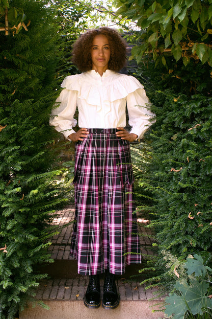 Ruth Skirt in Handwoven Organic Cotton -  Berry & Black Check