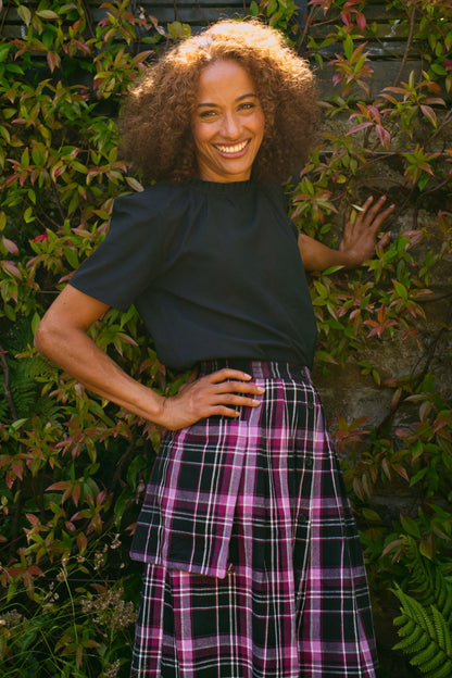 Ruth Skirt in Handwoven Organic Cotton -  Berry & Black Check