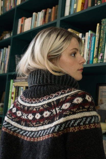 The Phoebe Cardigan with Funnel Neck - Hand Knit with Multi-Pattern in Natural Dark Grey