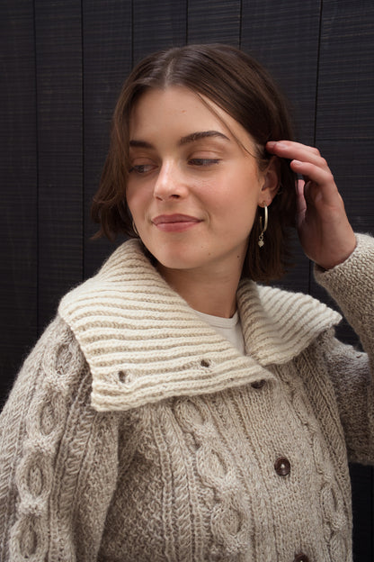 The Chloe Cardigan with Funnel Neck - Hand Knit in Natural Light Grey