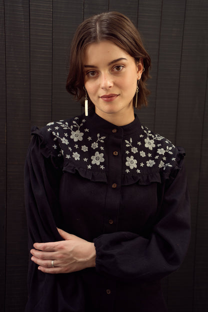 Yuka Yoke Frill Blouse with Hand Embroidery - Black