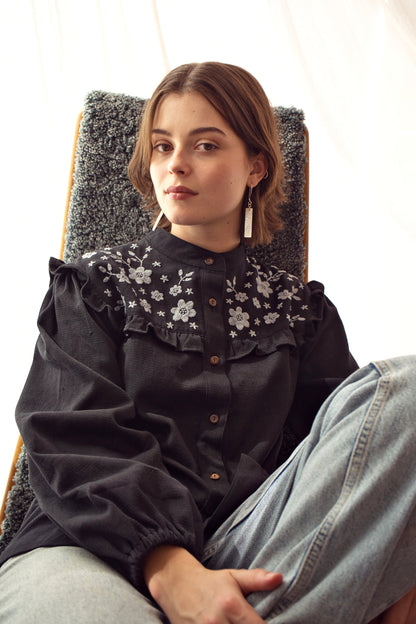Yuka Yoke Frill Blouse with Hand Embroidery - Black
