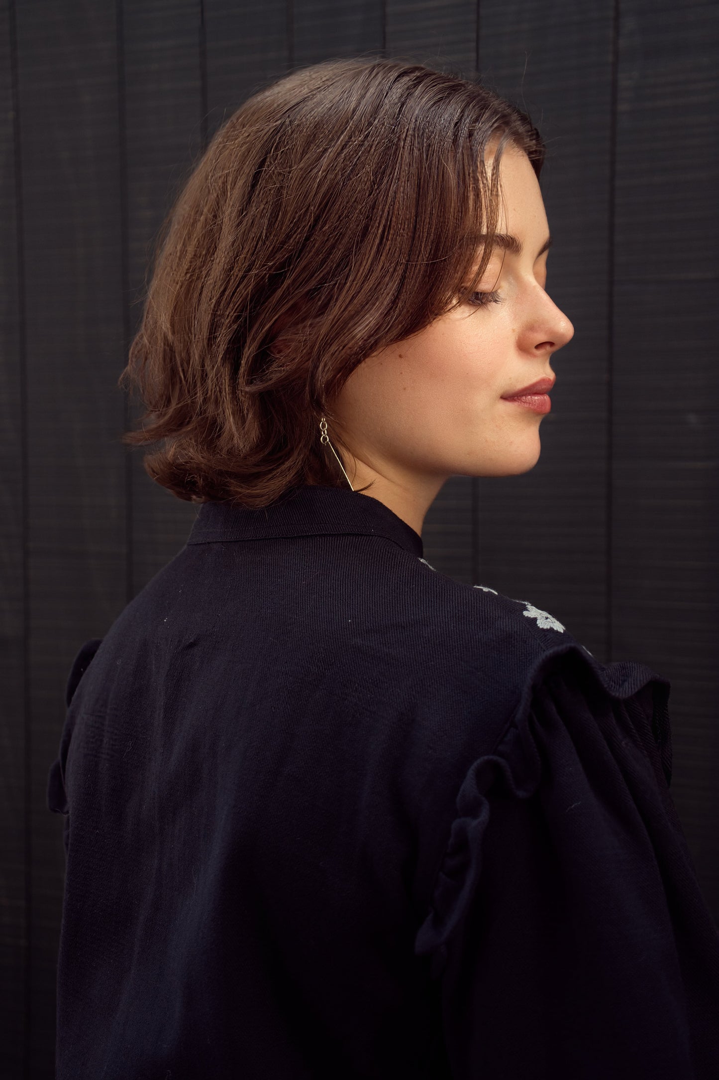 Yuka Yoke Frill Blouse with Hand Embroidery - Black