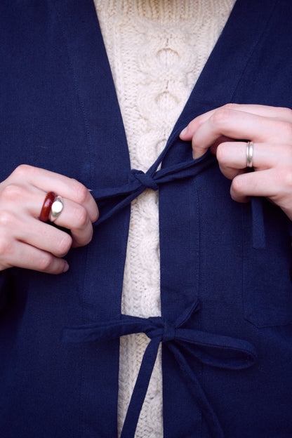 Shay Tie Jacket - Navy Twill with Hand Embroidery