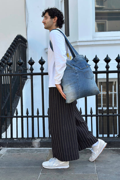 Wide Leg Trousers in Handwoven Organic Cotton - Black Stripe