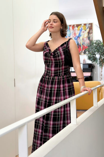 The Celia Cowl Neck Dress in Handwoven Organic Cotton - Berry & Black Check
