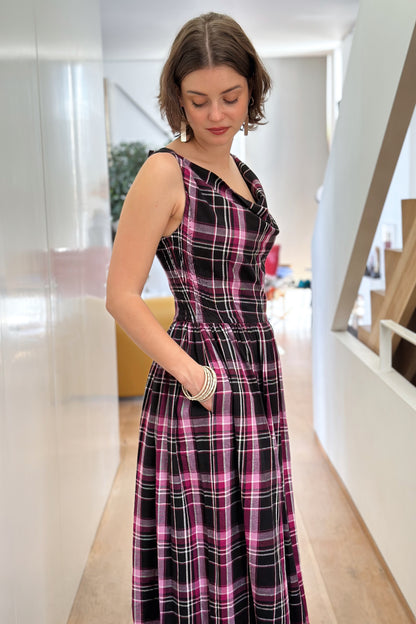 The Celia Cowl Neck Dress in Handwoven Organic Cotton - Berry & Black Check
