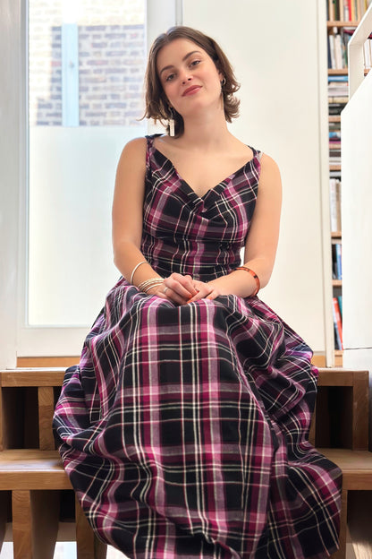 The Celia Cowl Neck Dress in Handwoven Organic Cotton - Berry & Black Check