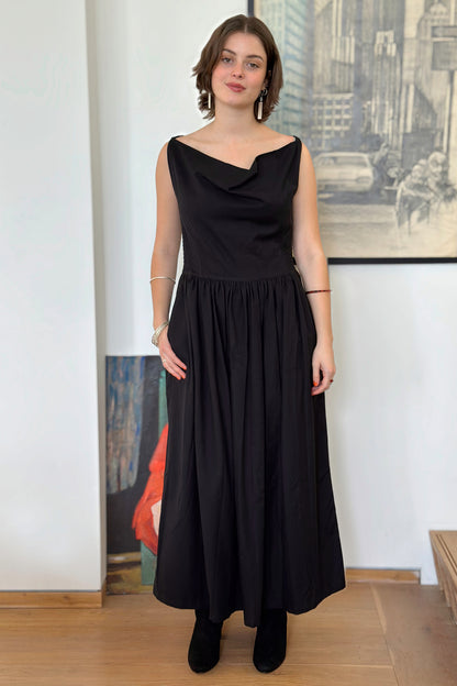 The Celia Cowl Neck Dress in Handwoven Organic Cotton - Black Twill