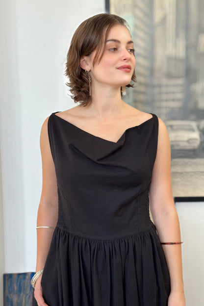 The Celia Cowl Neck Dress in Handwoven Organic Cotton - Black Twill